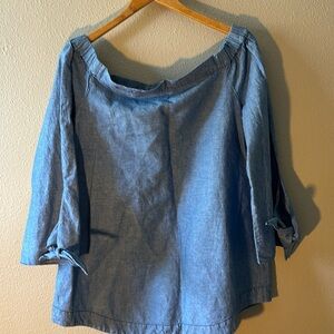 Free People Off The Shoulder Chambray Top Large Linen Blend Blue 3/4 Tie Sleeve